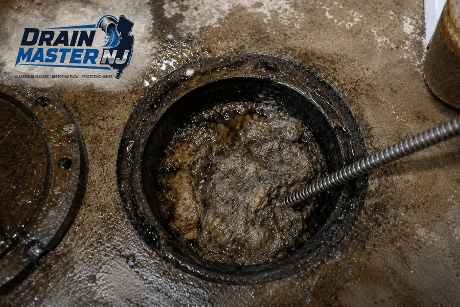 Severely clogged floor drain being cleared with a drain cable — before professional floor drain cleaning by Drain Master NJ