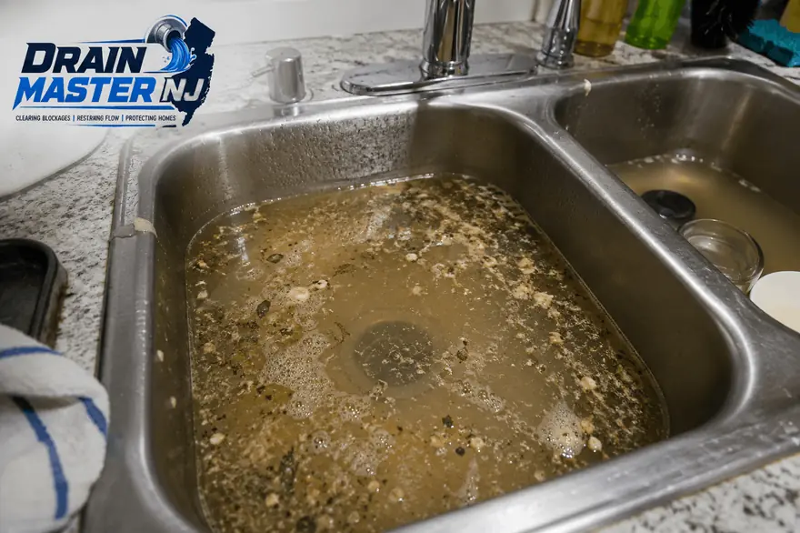 Clogged kitchen sink full of standing dirty water in a New Jersey home — before drain cleaning by Drain Master NJ