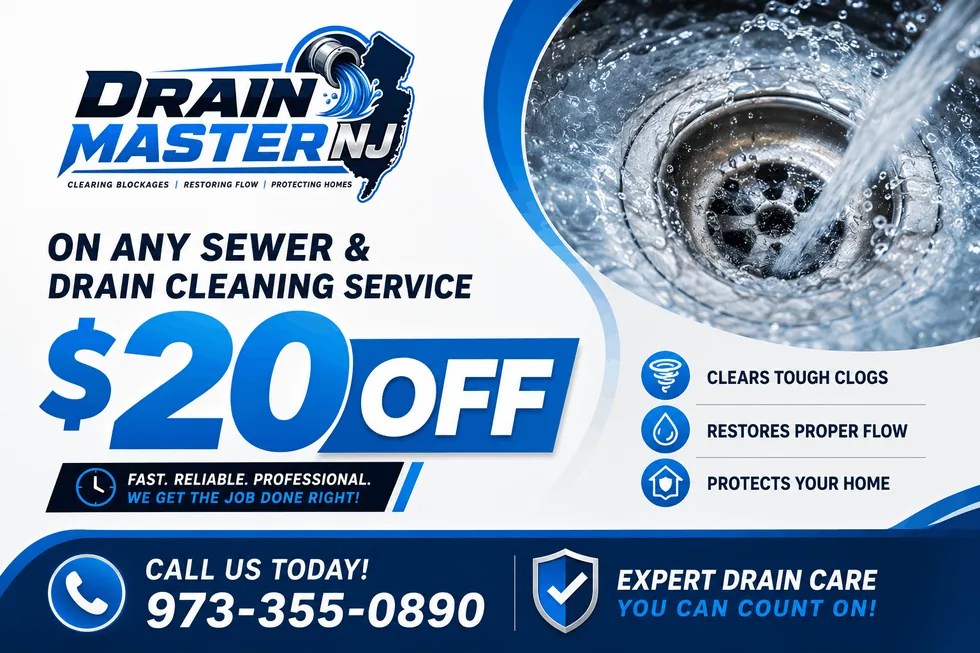 $20 off any sewer and drain cleaning service — Drain Master NJ New Jersey coupon, call 973-355-0890