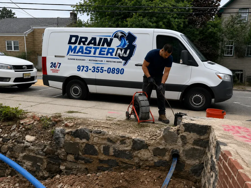 Pipe Relining Service in New Jersey — Drain Master NJ Drain Master NJ service van and equipment staged at a cleanout for a pipe relining job in New Jersey