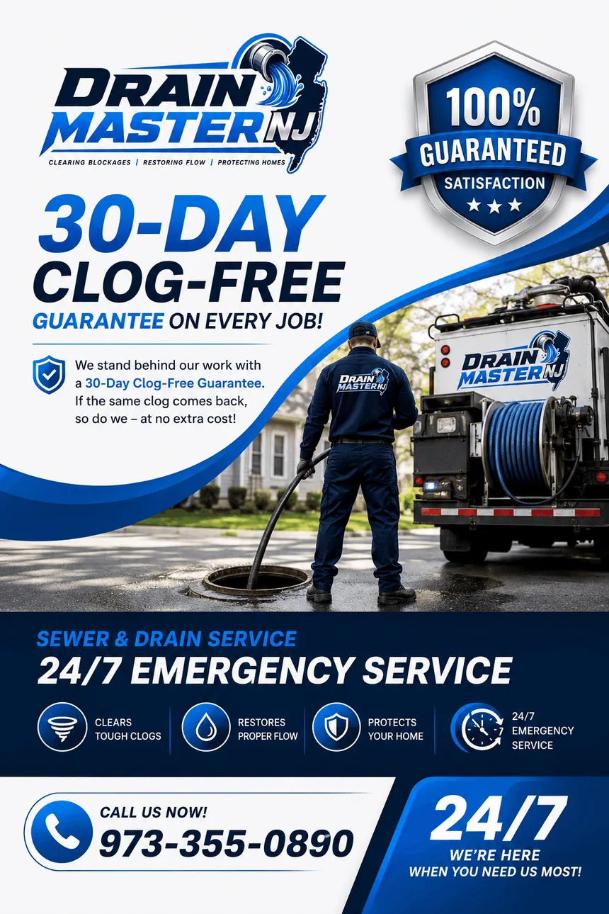 Drain Master NJ 30-day clog-free guarantee on every drain cleaning job — 100% satisfaction guaranteed, 24/7 emergency sewer and drain service in New Jersey