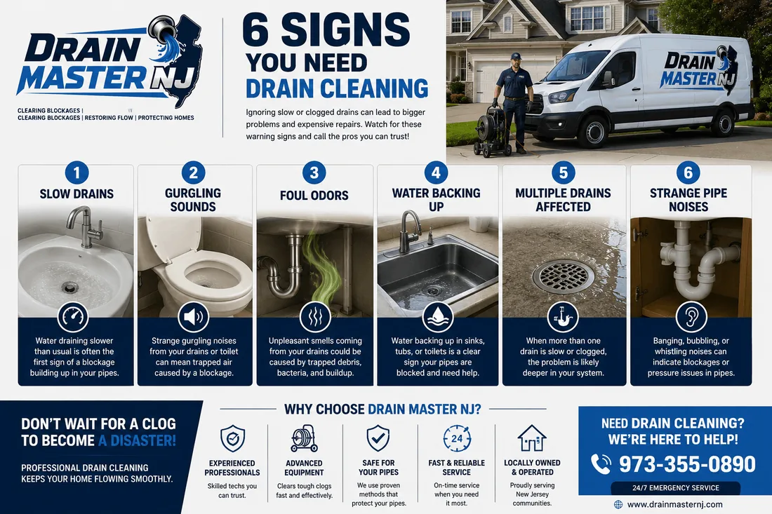 Infographic: 6 signs you need professional drain cleaning in New Jersey — slow drains, gurgling sounds, foul odors, water backing up, multiple drains affected, strange pipe noises