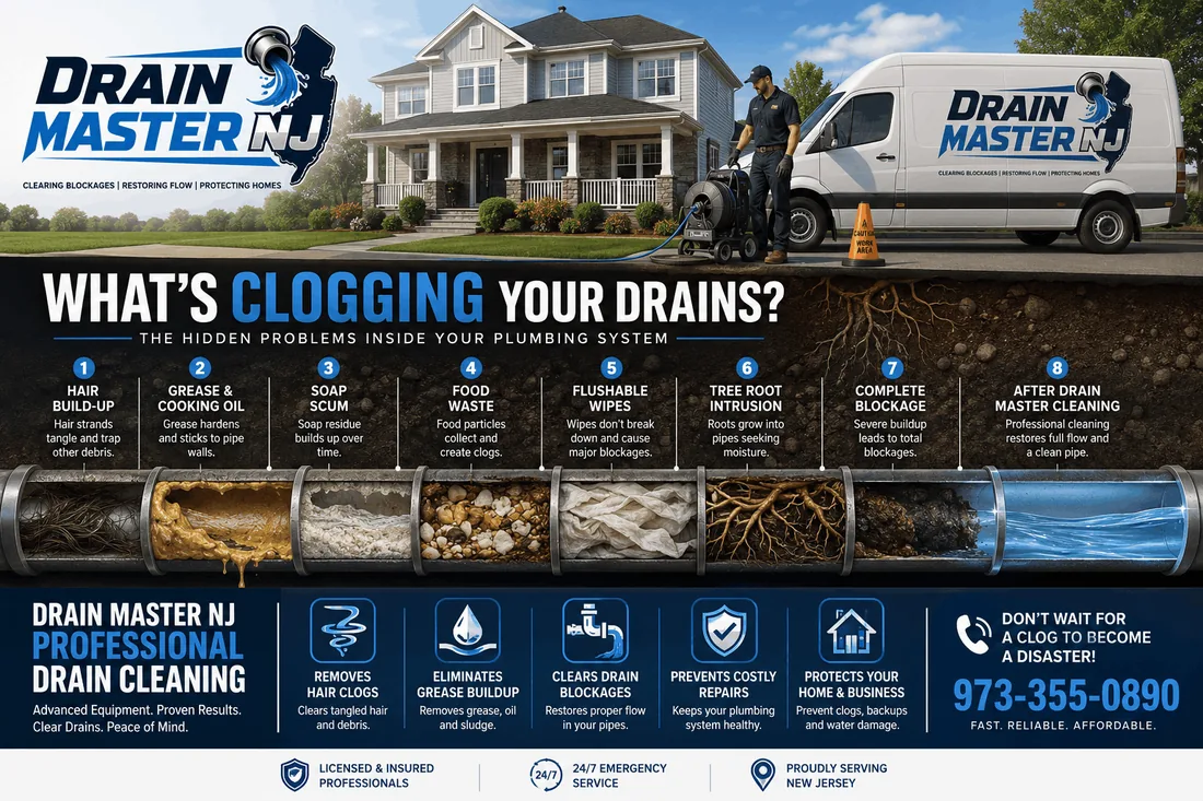 Infographic: what clogs drains — hair buildup, grease and cooking oil, soap scum, food waste, flushable wipes, tree root intrusion, complete blockage, and a clean pipe after Drain Master NJ professional drain cleaning