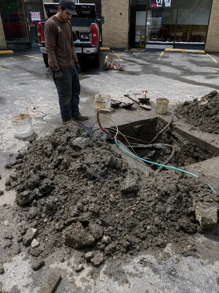 Sewer line excavation at a New Jersey commercial storefront property by Drain Master NJ