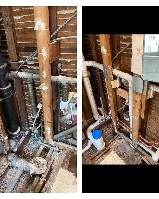 In-Wall Pipe Replacement Before and After — Drain Master NJ Before and after of old galvanized and iron in-wall piping replaced with new PVC and copper at a New Jersey home