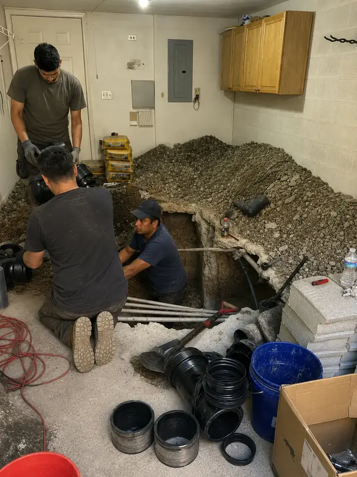 Interior Sewer Replacement in New Jersey — Drain Master NJ Drain Master NJ crew replacing an under-floor sewer line inside a New Jersey basement with stone bedding staged