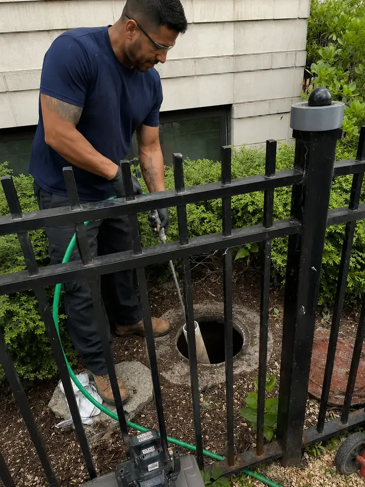 Drain Unclogging Through Outdoor Cleanout — Drain Master NJ Drain Master NJ technician clearing a blocked drain line through an outdoor cleanout at a New Jersey property