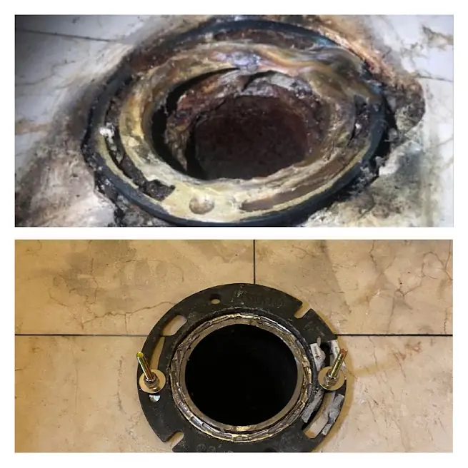 Before and after of a corroded leaking toilet flange replaced with a new flange at a New Jersey home