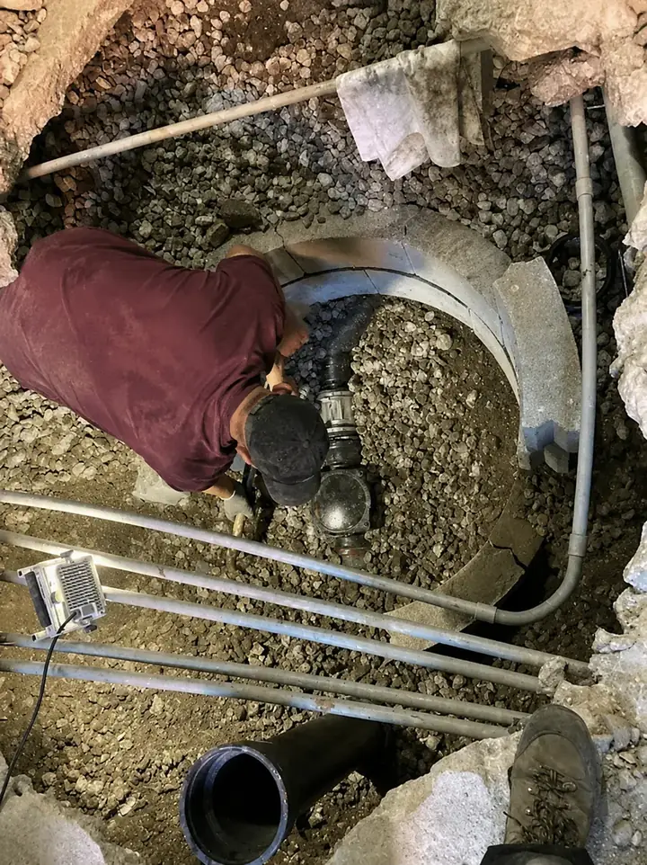 Trenchless Sewer Access Pit Work in New Jersey — Drain Master NJ Drain Master NJ technician installing new sewer fittings in a compact access pit during trenchless sewer work in New Jersey