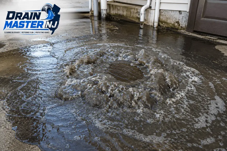Sewage backing up out of an outdoor drain at a New Jersey home — 24/7 emergency sewer backup service by Drain Master NJ