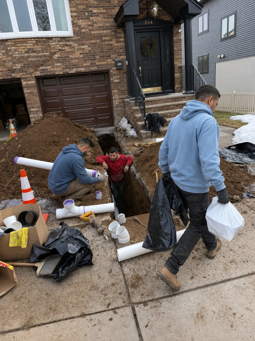 Sewer Repair Service in New Jersey — Drain Master NJ Drain Master NJ excavation crew performing a sewer line repair at a New Jersey home