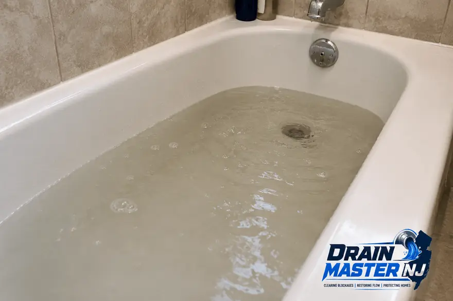 Bathtub draining slowly with standing water — slow drain diagnosis and cleaning by Drain Master NJ