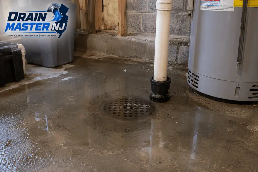 Standing water around a basement floor drain next to a water heater in a NJ home — cleared by Drain Master NJ