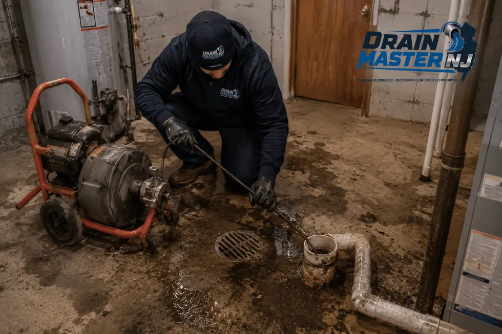 Emergency drain cleaning in Beverly, NJ — backed-up basement floor drain being cleared by Drain Master NJ