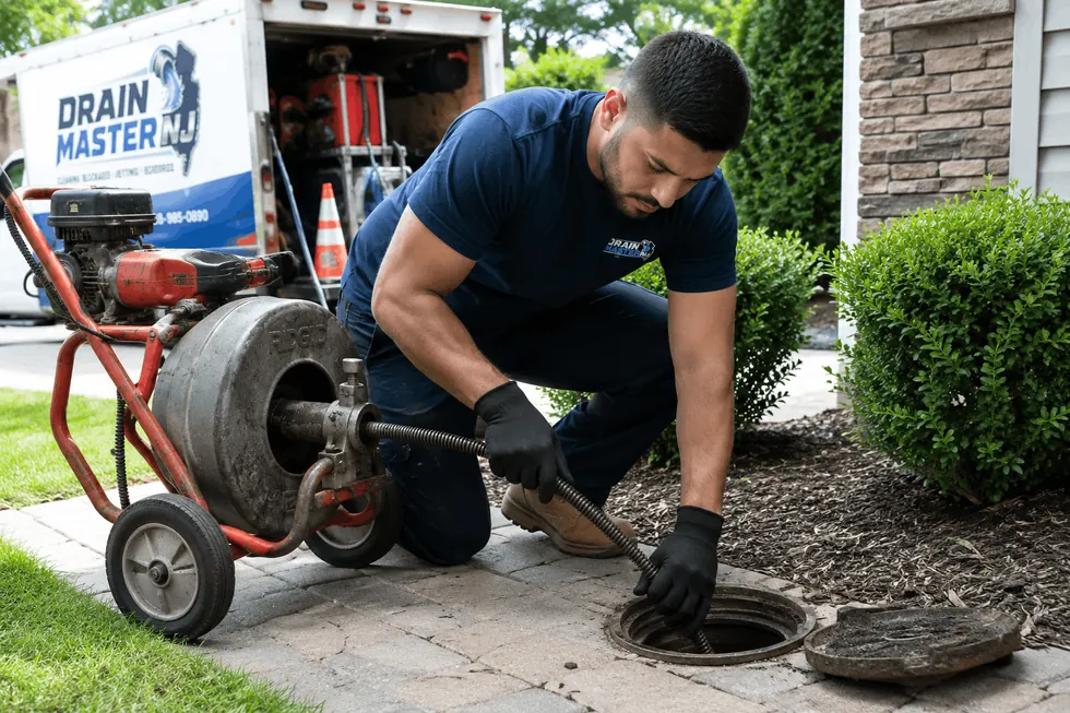 Drain Master NJ technician clearing a clogged drain line through a sewer cleanout at a home in Bound Brook, NJ