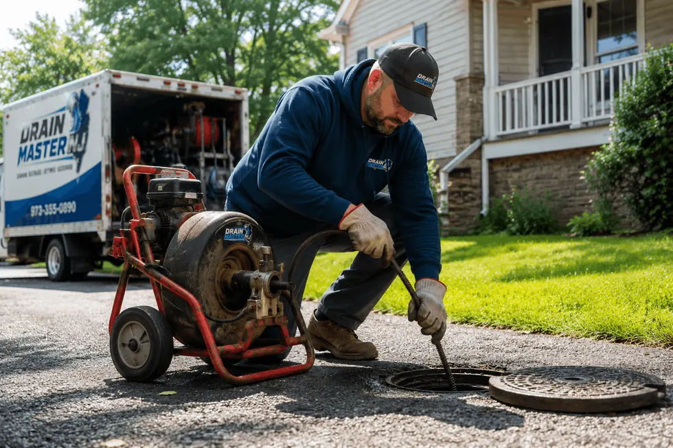 Professional drain cleaning service in Haddonfield, New Jersey — Drain Master NJ technician snaking a residential sewer line