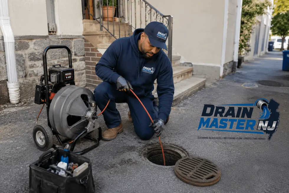 Main sewer line cleaning in Clark, NJ — Drain Master NJ technician running a drain cable into the line