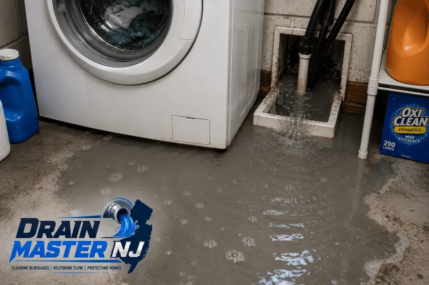 Washing machine drain backing up and flooding a NJ laundry room floor — laundry line cleaning by Drain Master NJ